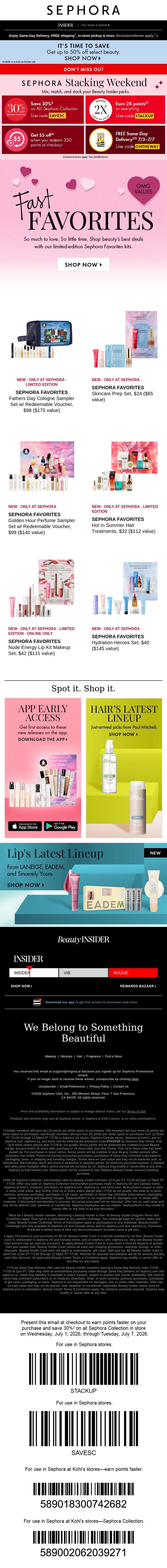 Ends 7/7: 30% off ALL Sephora Collection + 2X points + FREE Same-Day Delivery 📣 email from Sephora screenshot