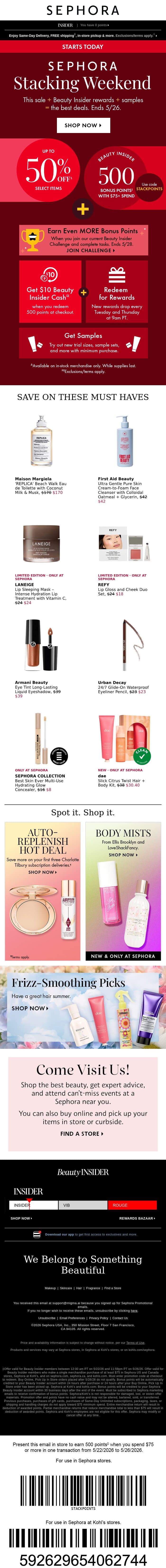 Save up to 50% on select beauty 💄 Plus spend $75 to earn 500 bonus points. email from Sephora screenshot