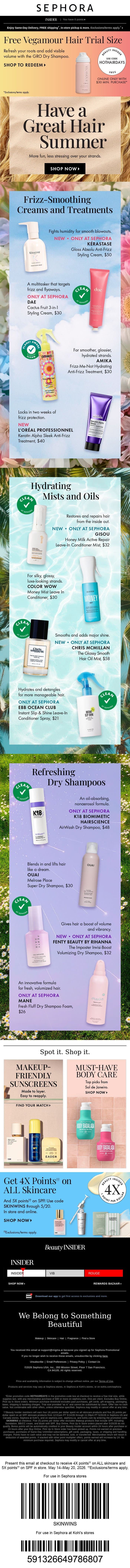 Score a FREE dry shampoo trial size from Vegamour 💛🌞 email from Sephora screenshot