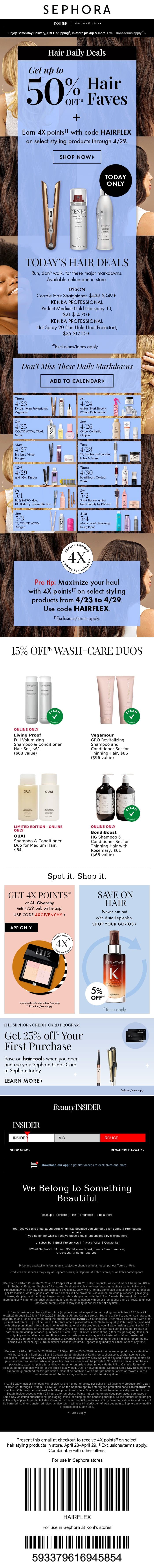 Starts today: up to 50% off select hair care 💟 email from Sephora screenshot