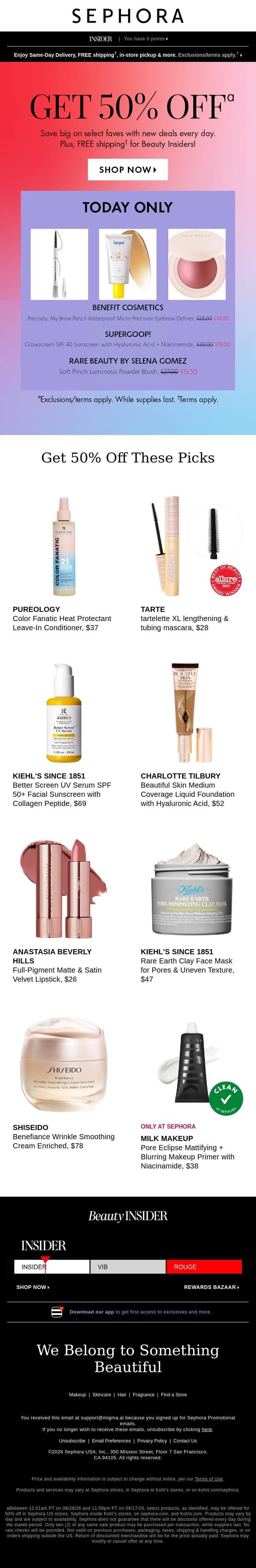 Score 50% off select beauty 😎 email from Sephora screenshot