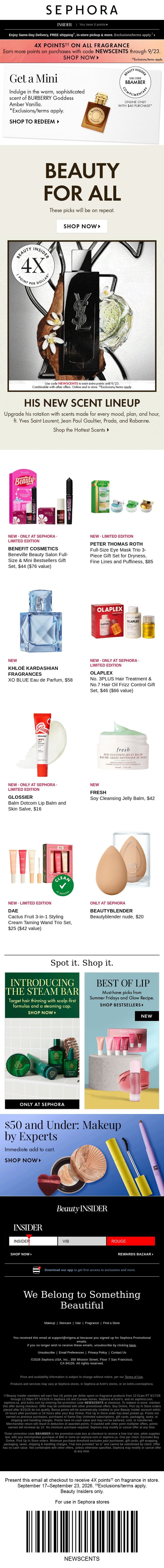 Get 4X points on all fragrance until 9/23 with code NEWSCENTS email from Sephora screenshot