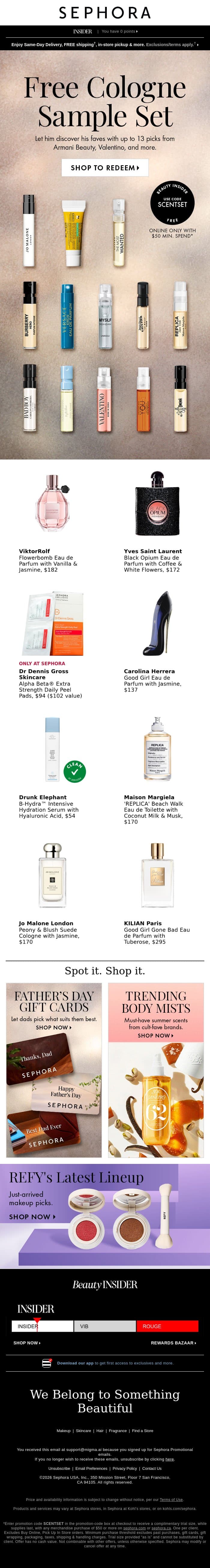 Get a FREE sample set with your $50 min. spend ⭐ email from Sephora screenshot