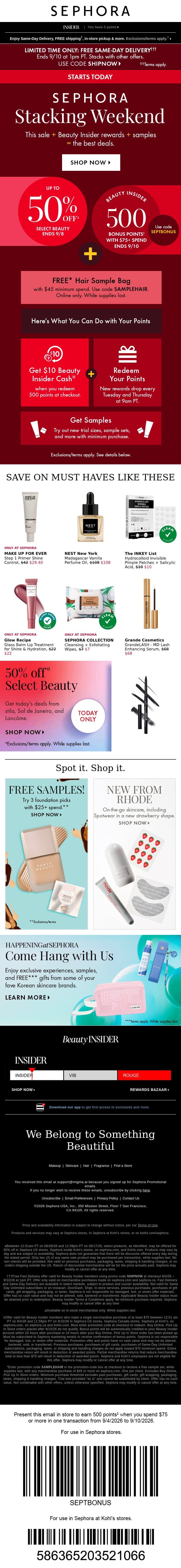 Get up to 50% on select beauty and get 500 bonus points with $75 spend ❣️ email from Sephora screenshot