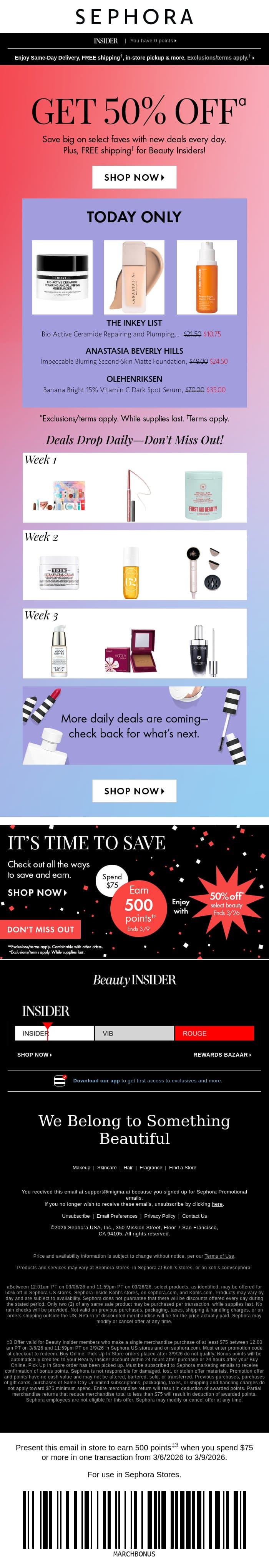 50% off select beauty starts today 💋 email from Sephora screenshot