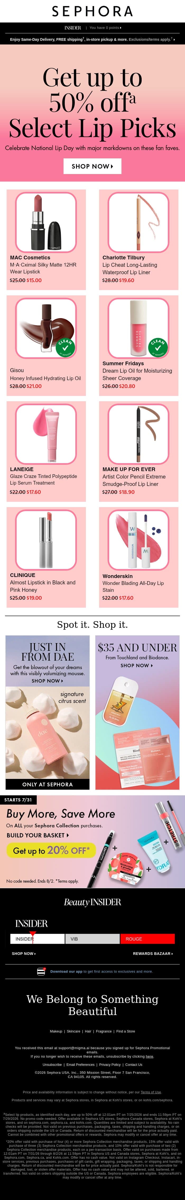 SALE: up to 50% off this National Lip Day 💄 email from Sephora screenshot