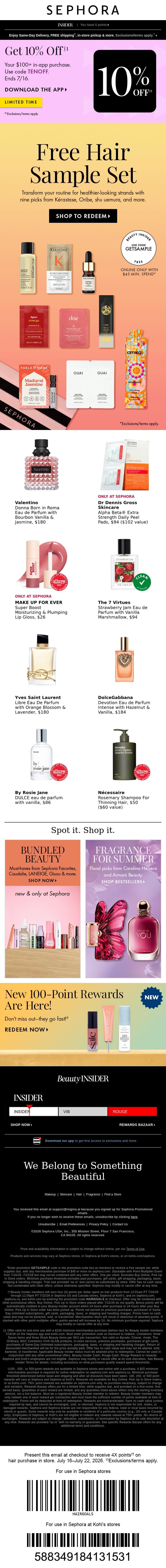 Today only ‼️ 10% off your $100+ purchase. email from Sephora screenshot