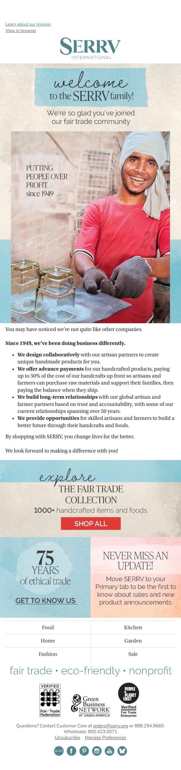 We do things differently email from Serrv screenshot