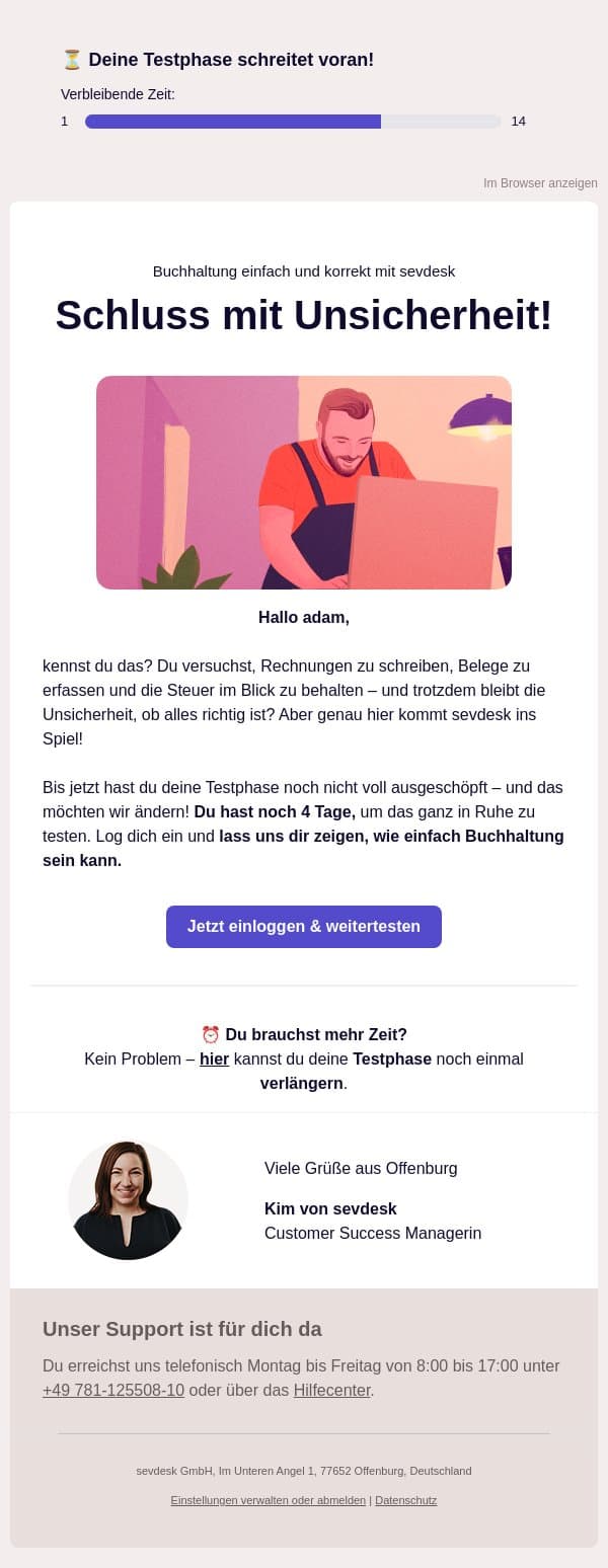 Noch 4 Tage, adam– hol das Beste aus deiner Testphase! ⏰ email from SevDesk screenshot