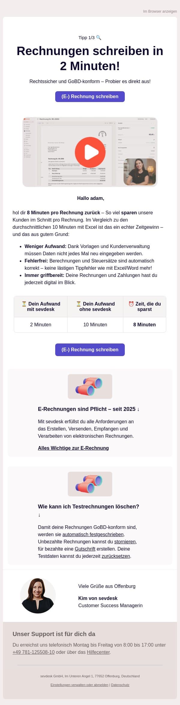Tipp 1: Deine E-Rechnungen in Rekordzeit erledigt! email from SevDesk screenshot