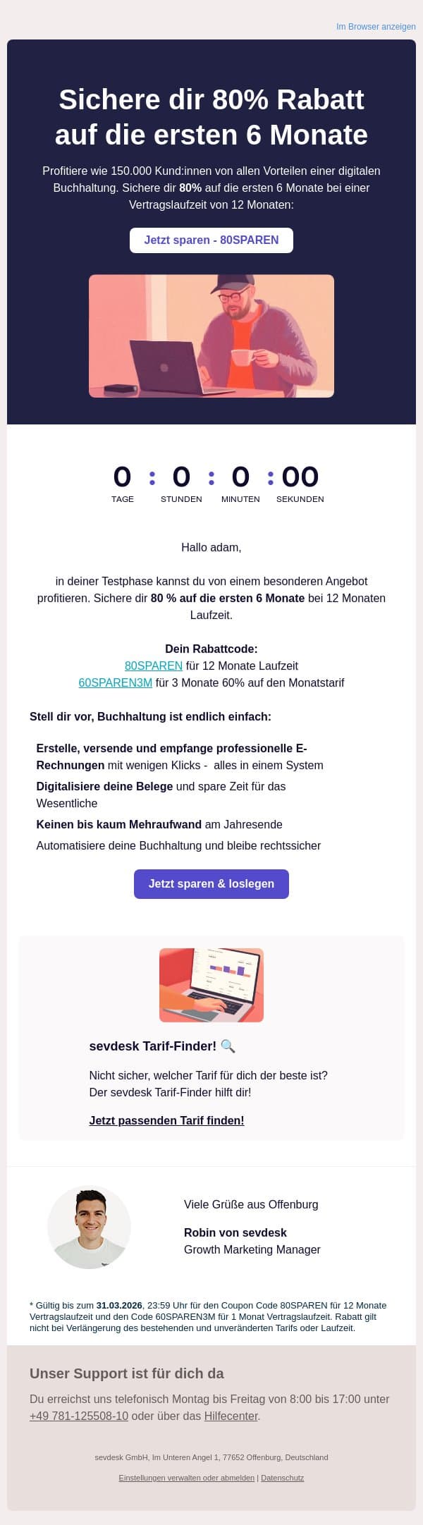 adam, 80% auf die ersten 6 Monate. Sei wie 150.000 Menschen, die sevdesk bereits nutzen. email from SevDesk screenshot