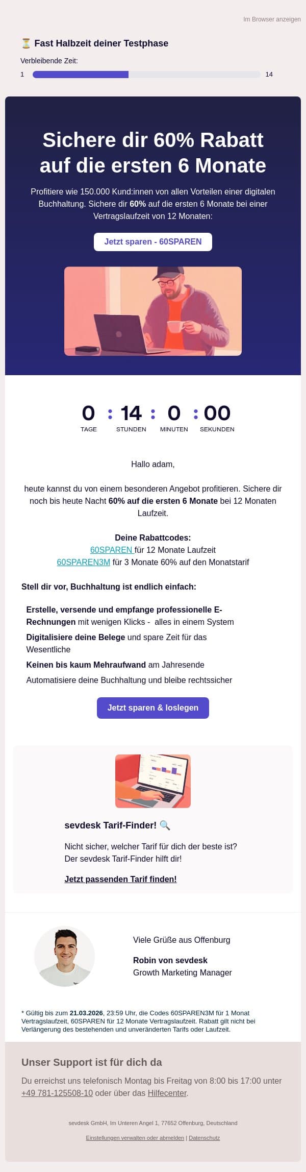 adam, 60% auf die ersten 6 Monate! Mehr als 150.000 Menschen nutzen sevdesk. Profitiere auch du. email from SevDesk screenshot