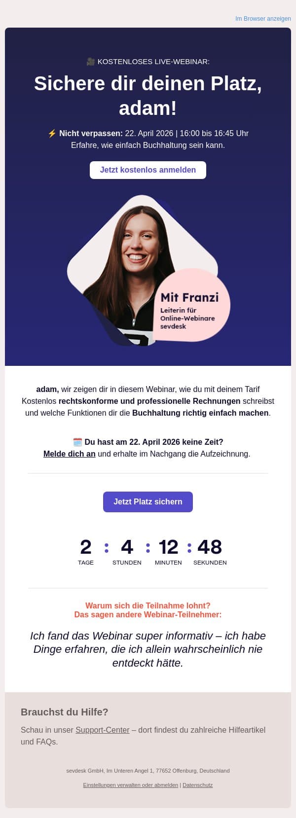 🎥 adam, Erinnerung: kostenloses Webinar am 22.04.2026. email from SevDesk screenshot