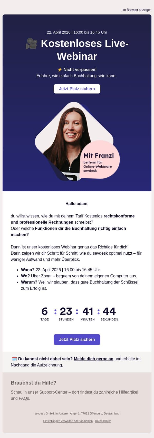 🎥 Kostenloses Webinar: So einfach kann Buchhaltung sein. email from SevDesk screenshot