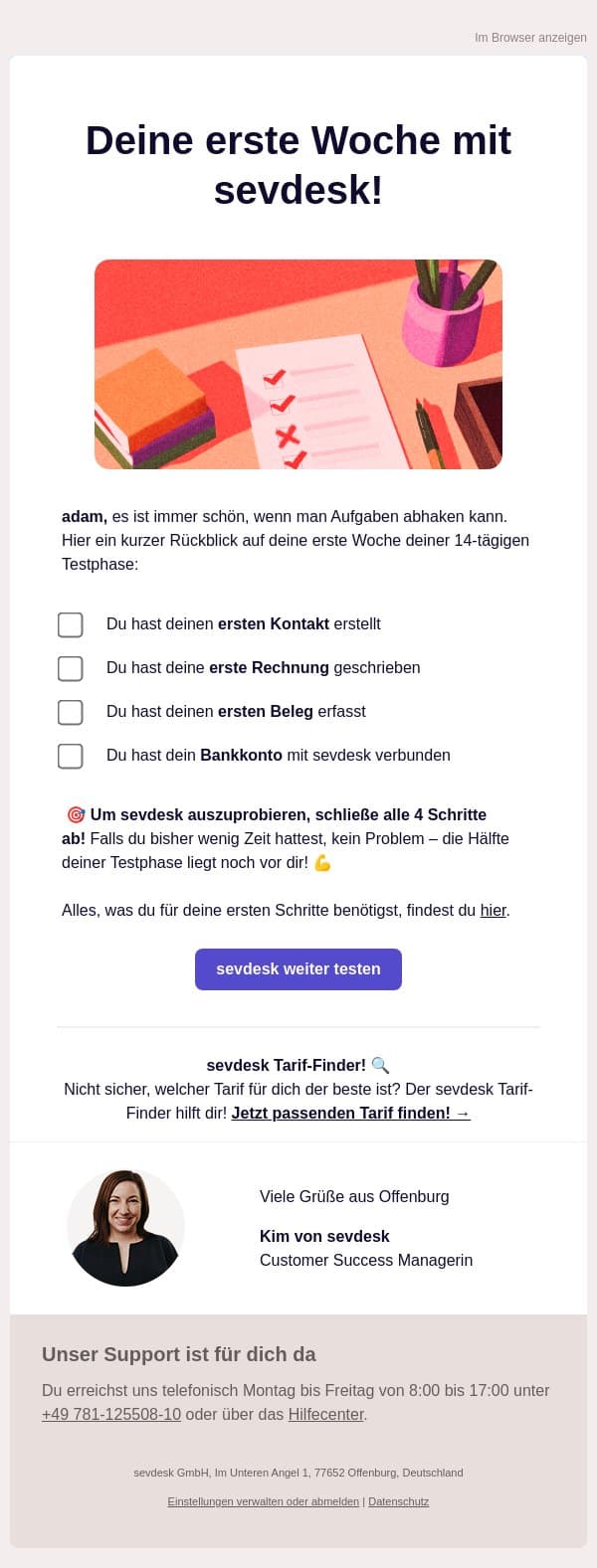 Deine erste Woche mit sevdesk! email from SevDesk screenshot