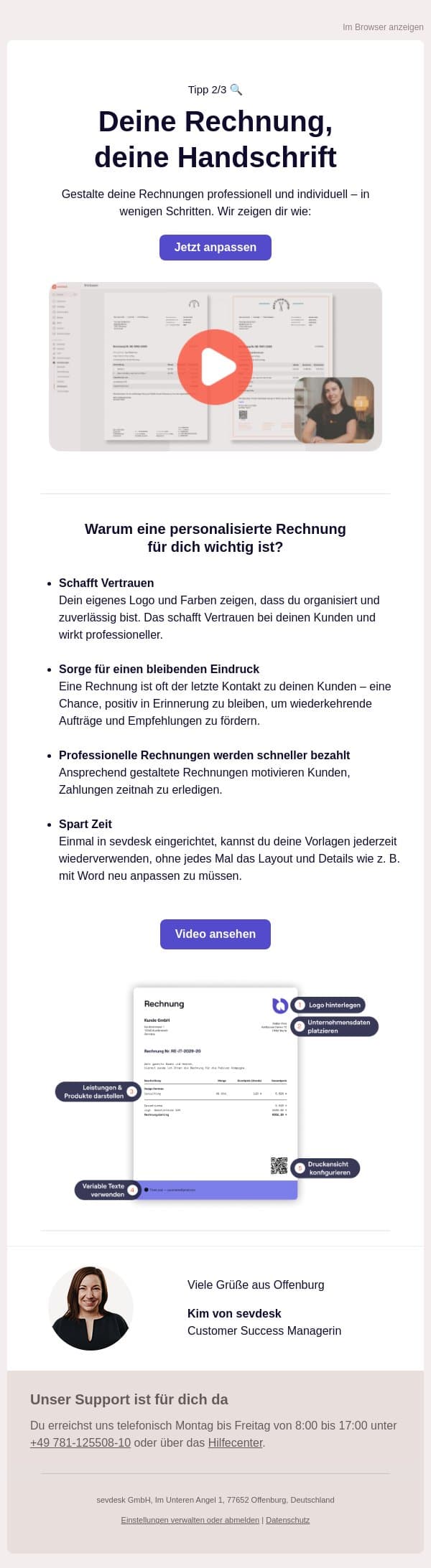 Tipp 2: Deine Rechnung, deine Handschrift? email from SevDesk screenshot