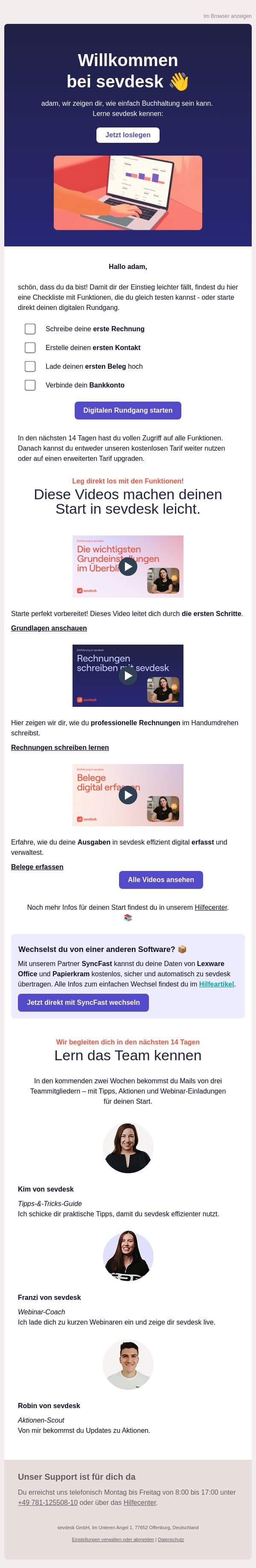 adam, willkommen bei sevdesk! email from SevDesk screenshot