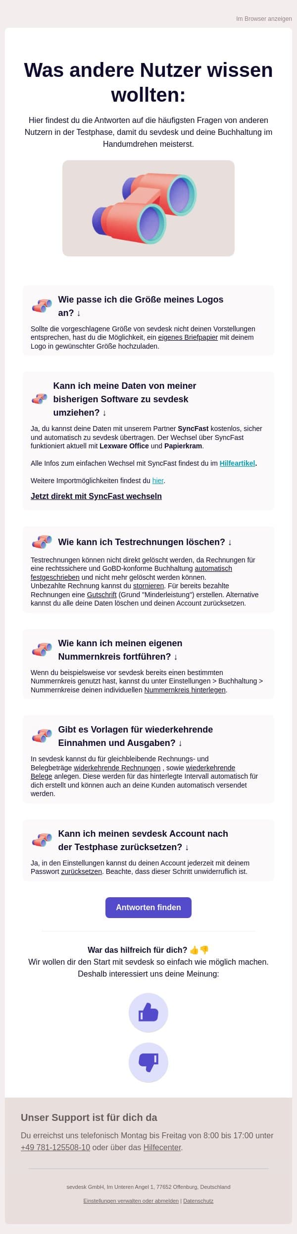 🚀 Antworten, die dir den Start erleichtern! email from SevDesk screenshot
