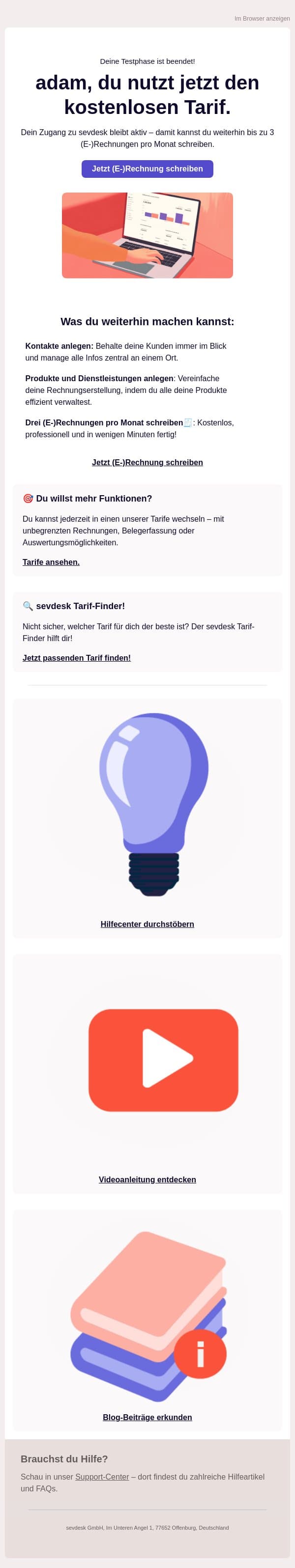 adam, du nutzt jetzt den kostenlosen Tarif. email from SevDesk screenshot
