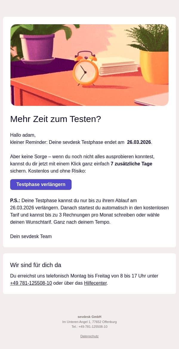 Mehr Zeit zum Testen? Hol dir 7 Tage extra – kostenlos! email from SevDesk screenshot