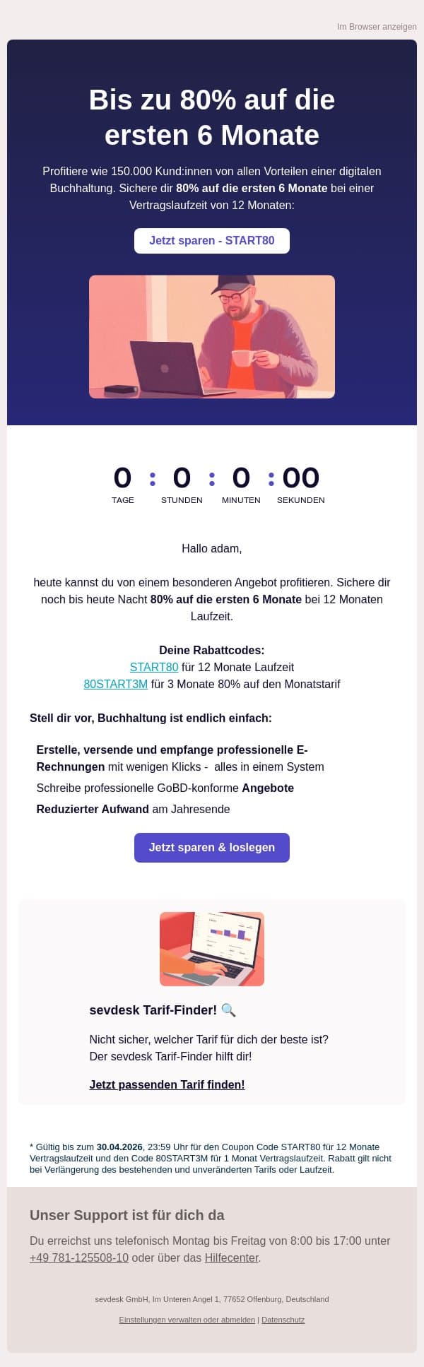 80% auf die ersten 6 Monate! Mehr als 150.000 Menschen nutzen sevdesk. Profitiere auch du. email from SevDesk screenshot