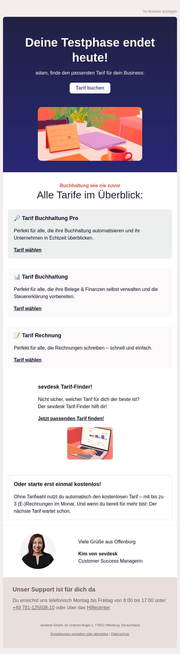 Erinnerung: Deine Testphase endet heute, adam! email from SevDesk screenshot
