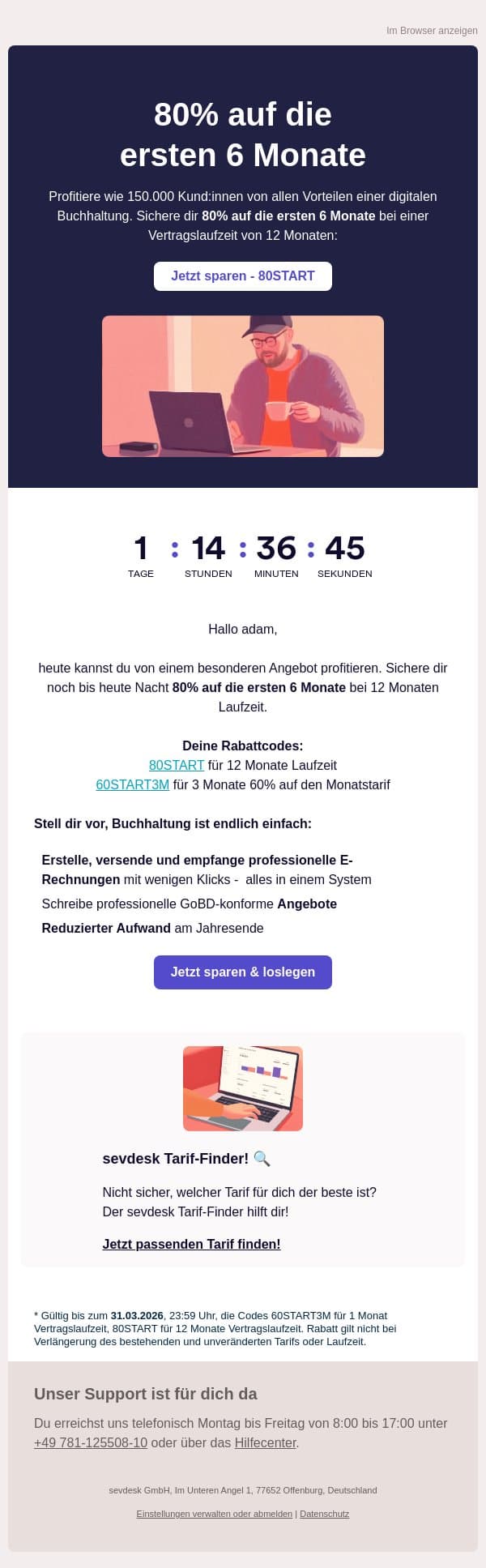 Spare bis zu 80% auf die ersten 6 Monate für deine Buchhaltungssoftware 🚀 email from SevDesk screenshot