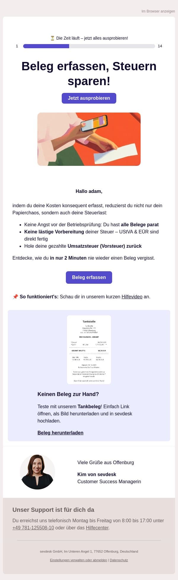 Tipp 3: Beleg erfassen, Steuern sparen! email from SevDesk screenshot