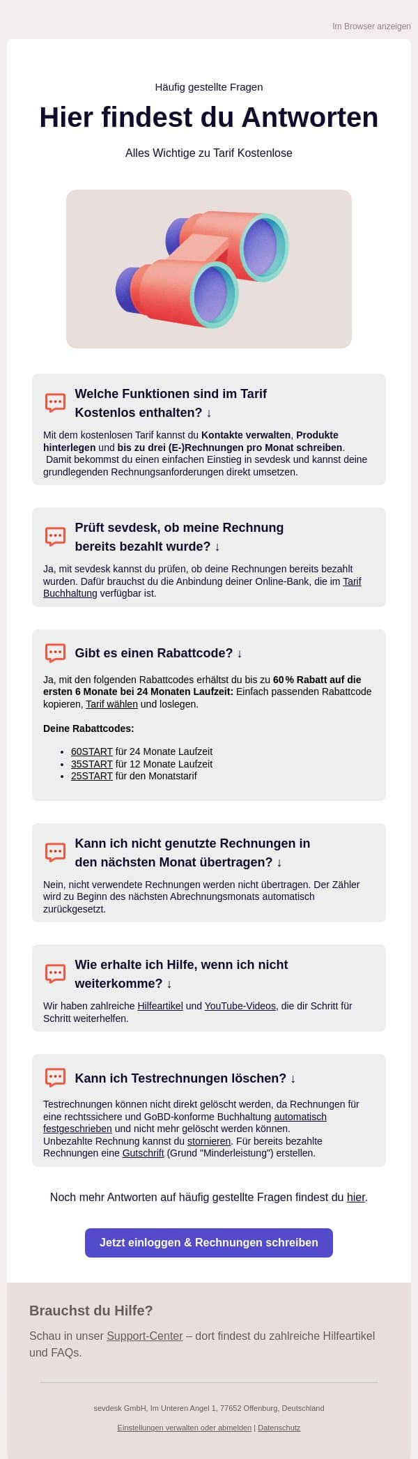 📘 Tipps & Tricks: Schau dir die häufigsten Kundenfragen an! email from SevDesk screenshot