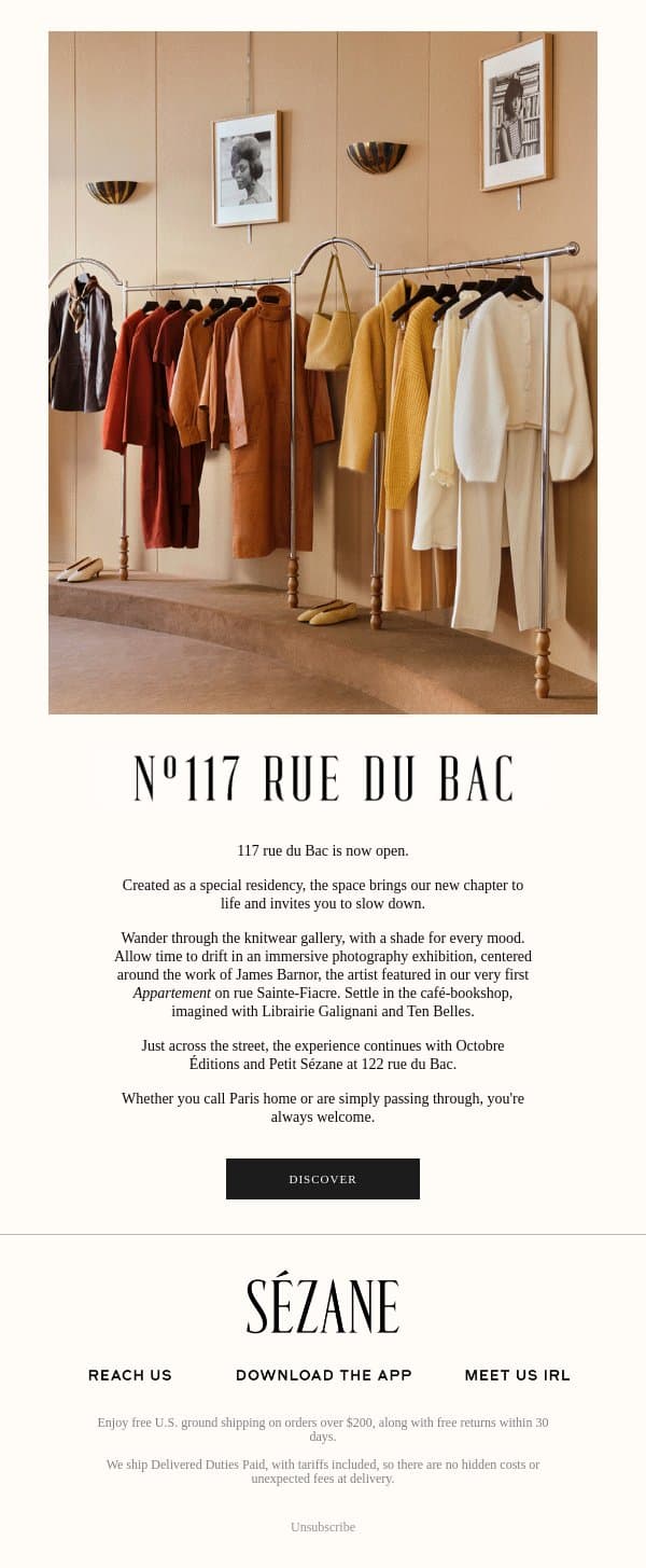 A New Sézane Experience in Paris email from Sezane screenshot