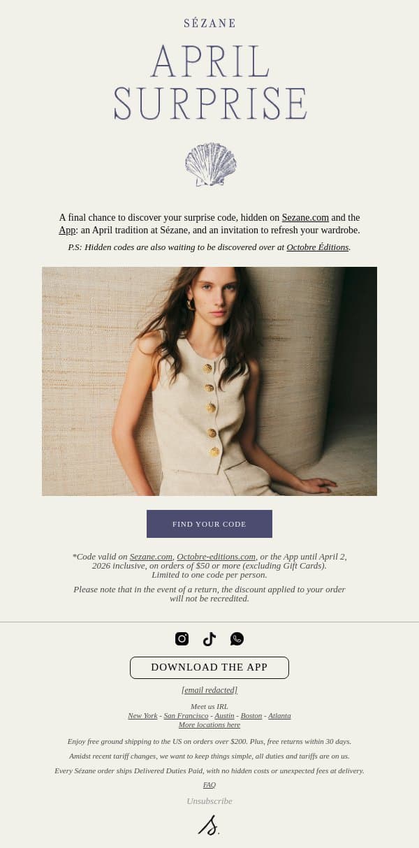 Your Surprise Code is Waiting email from Sezane screenshot