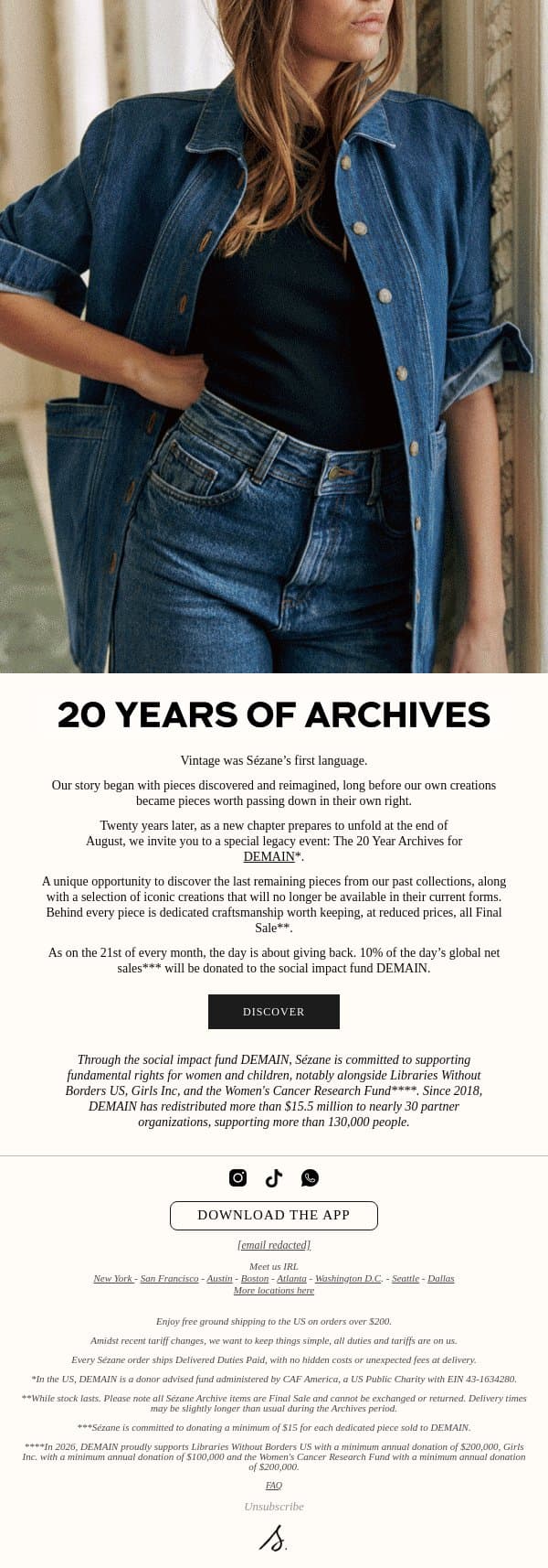 20 Years of Archives, Now Open email from Sezane screenshot