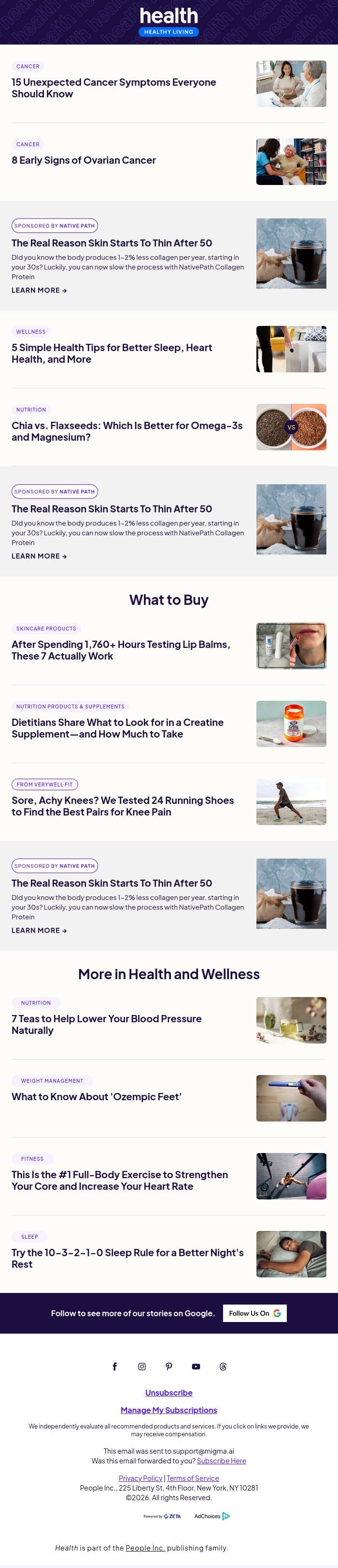 15 Unexpected Cancer Symptoms Everyone Should Know email from Shape screenshot