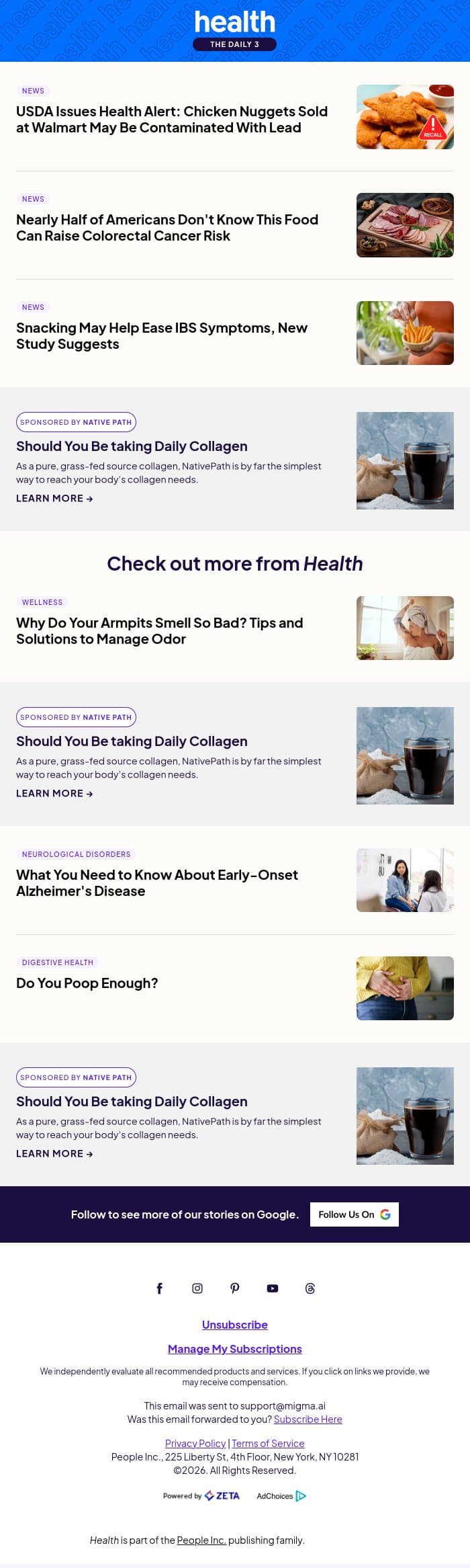 USDA Issues Health Alert for Chicken Nuggets Sold at Walmart email from Shape screenshot