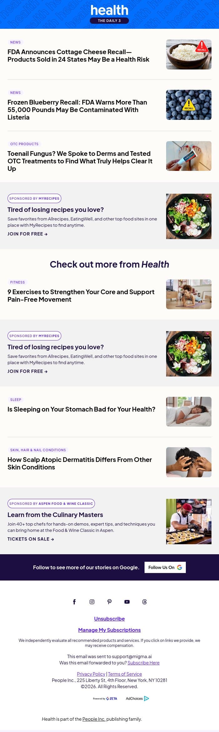 FDA Announces Major Recalls of Cottage Cheese and Frozen Blueberries email from Shape screenshot