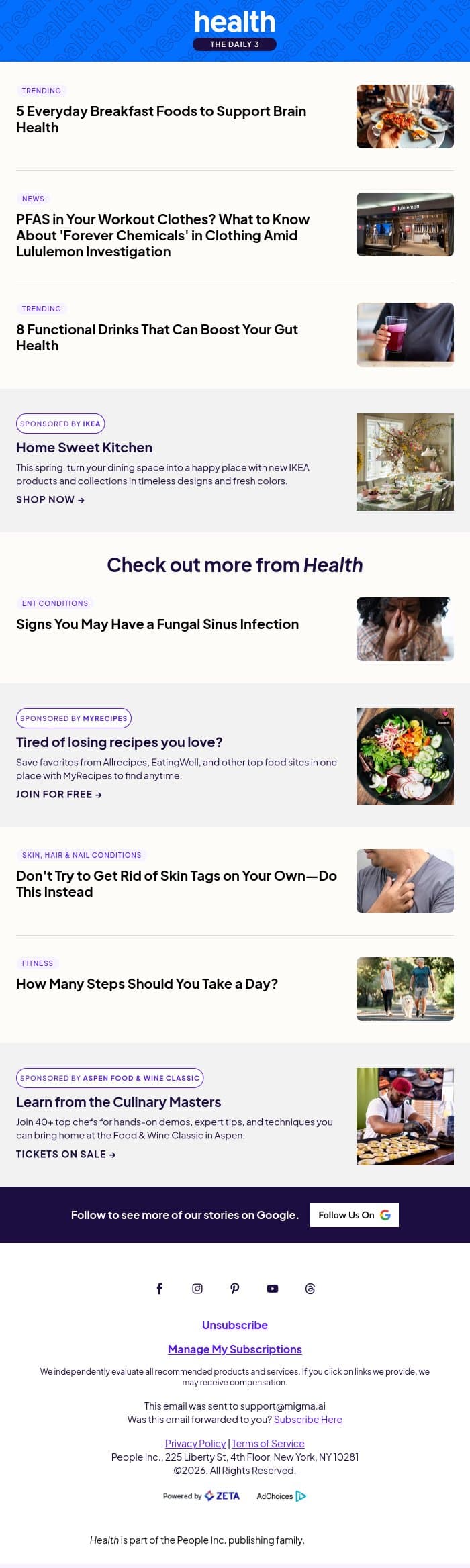5 Everyday Breakfast Foods to Support Brain Health email from Shape screenshot