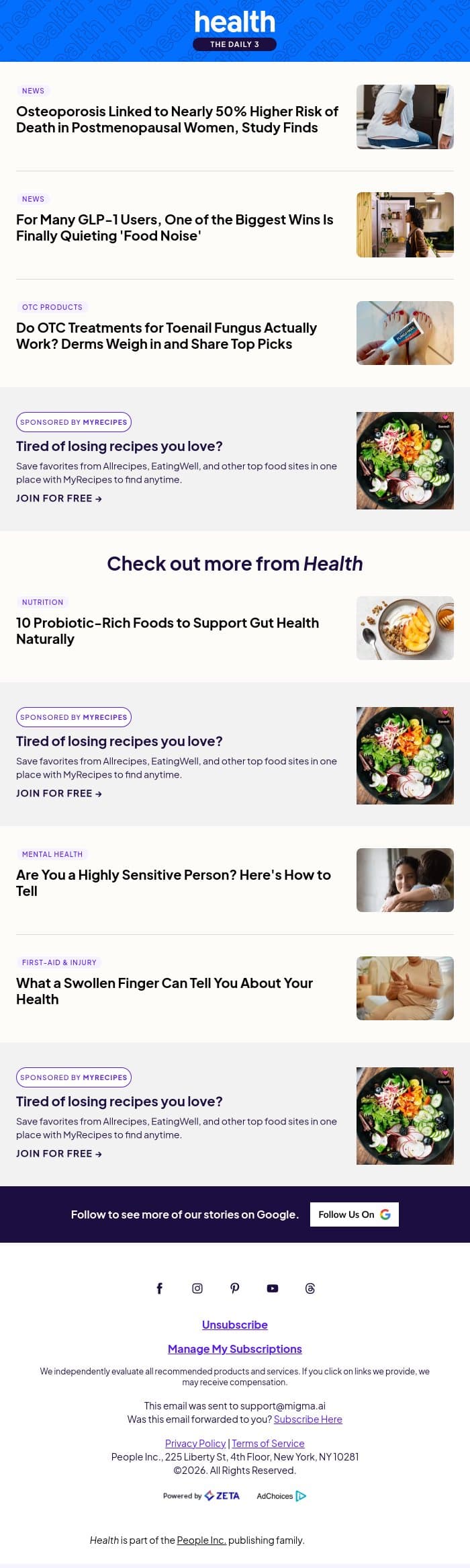 Osteoporosis Linked to Nearly 50% Higher Risk of Death in Postmenopausal Women email from Shape screenshot