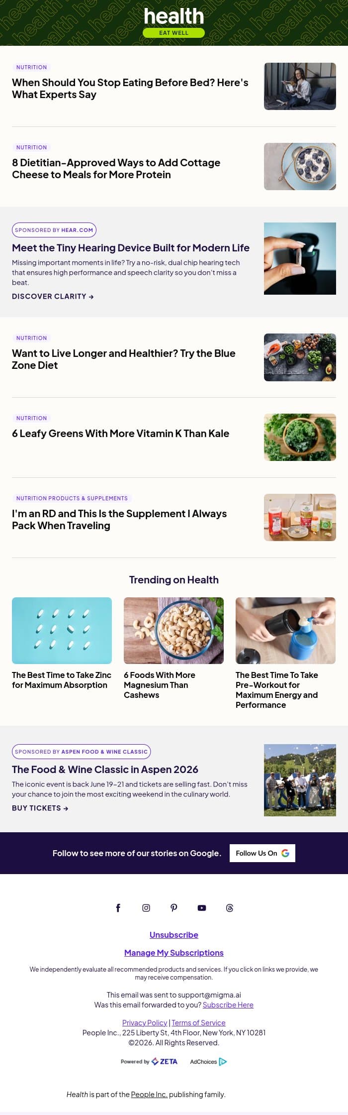 When Should You Stop Eating Before Bed? email from Shape screenshot