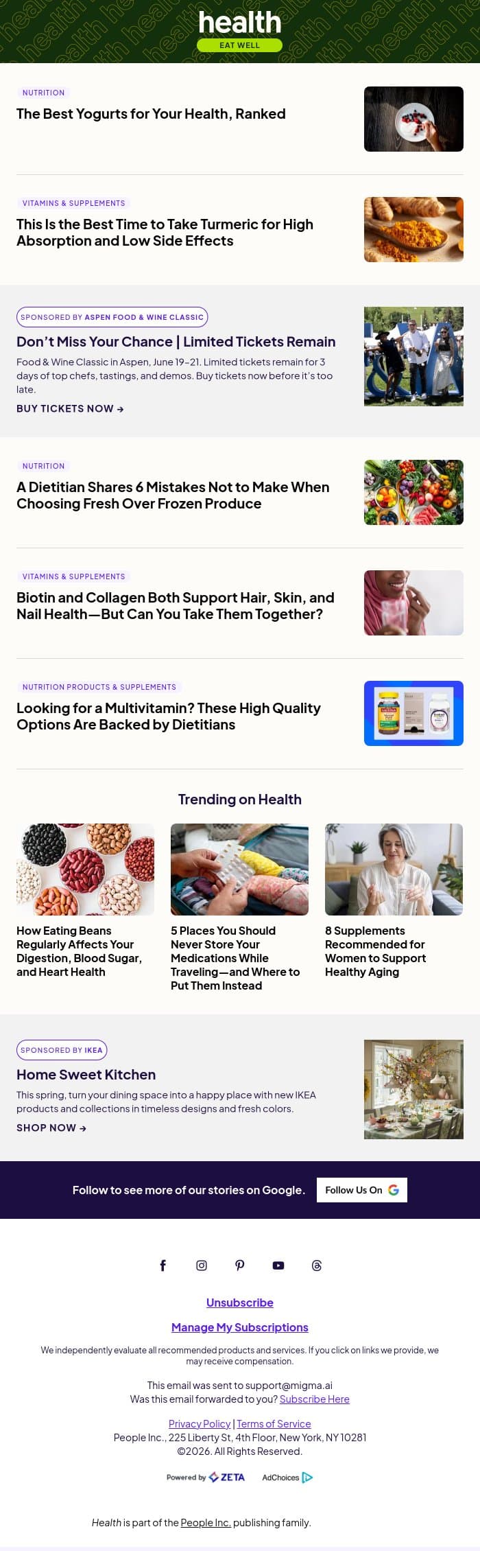 These Are the 8 Healthiest Yogurts for You email from Shape screenshot