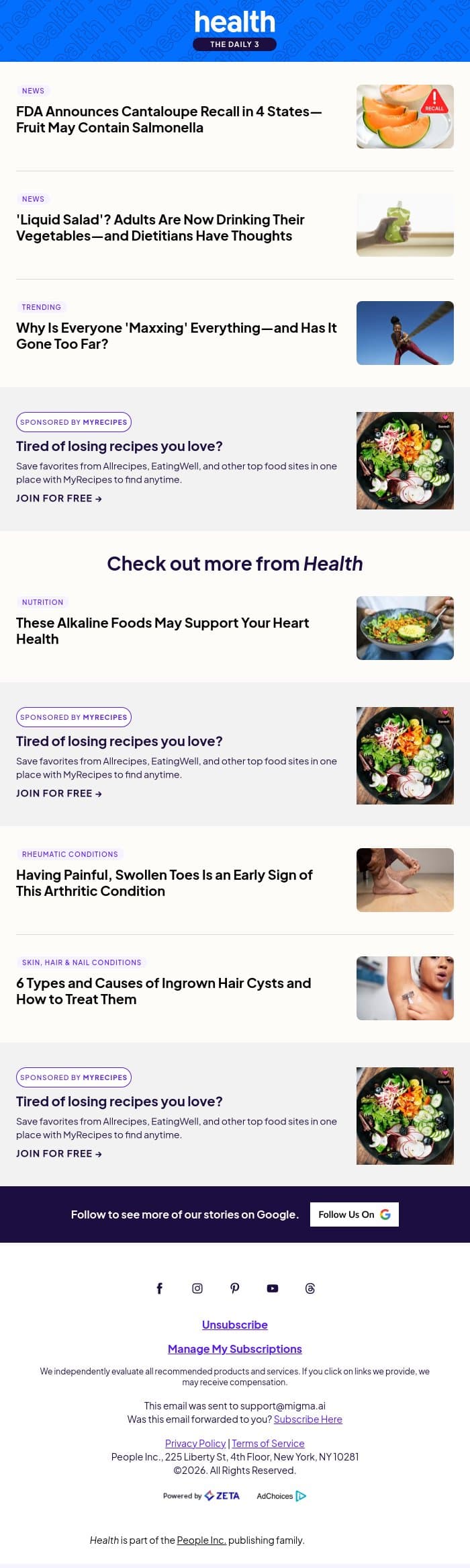 FDA Announces Cantaloupe Recall in 4 States email from Shape screenshot