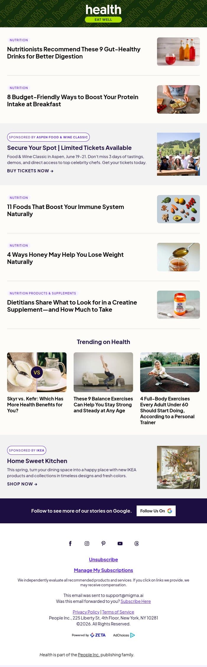 9 Drinks That Can Improve Your Gut Health email from Shape screenshot