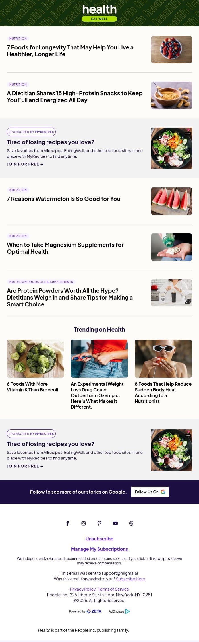 7 Foods to Help You Live a Longer, Healthier Life email from Shape screenshot