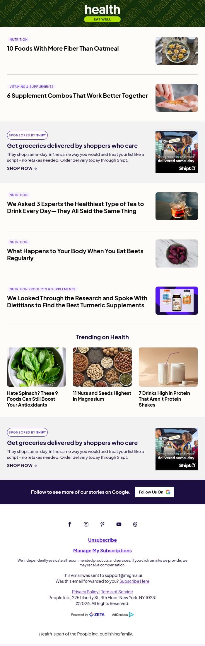 10 Foods With More Fiber Than Oatmeal email from Shape screenshot