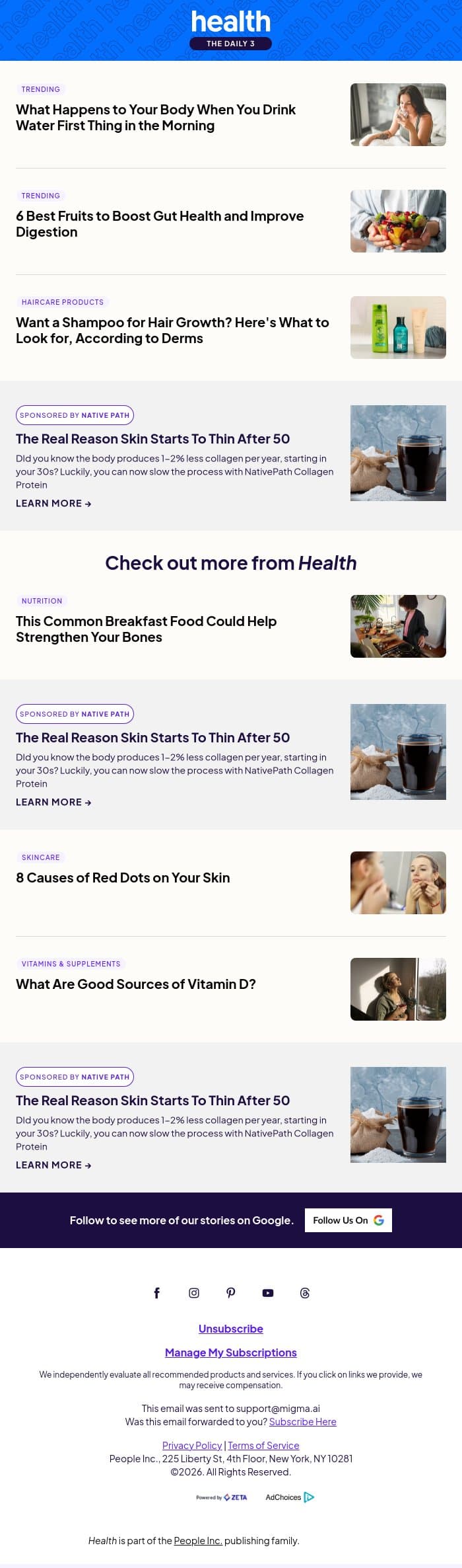 6 Reasons to Start Your Morning With a Glass of Water email from Shape screenshot