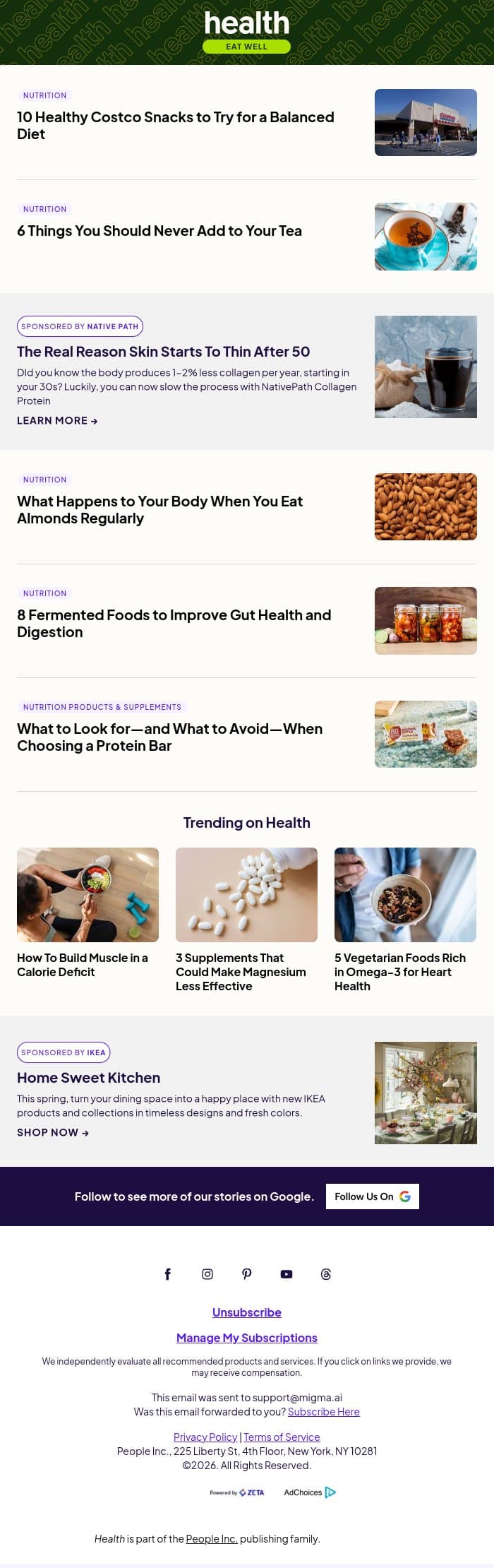 10 Healthy Snacks to Buy at Costco email from Shape screenshot