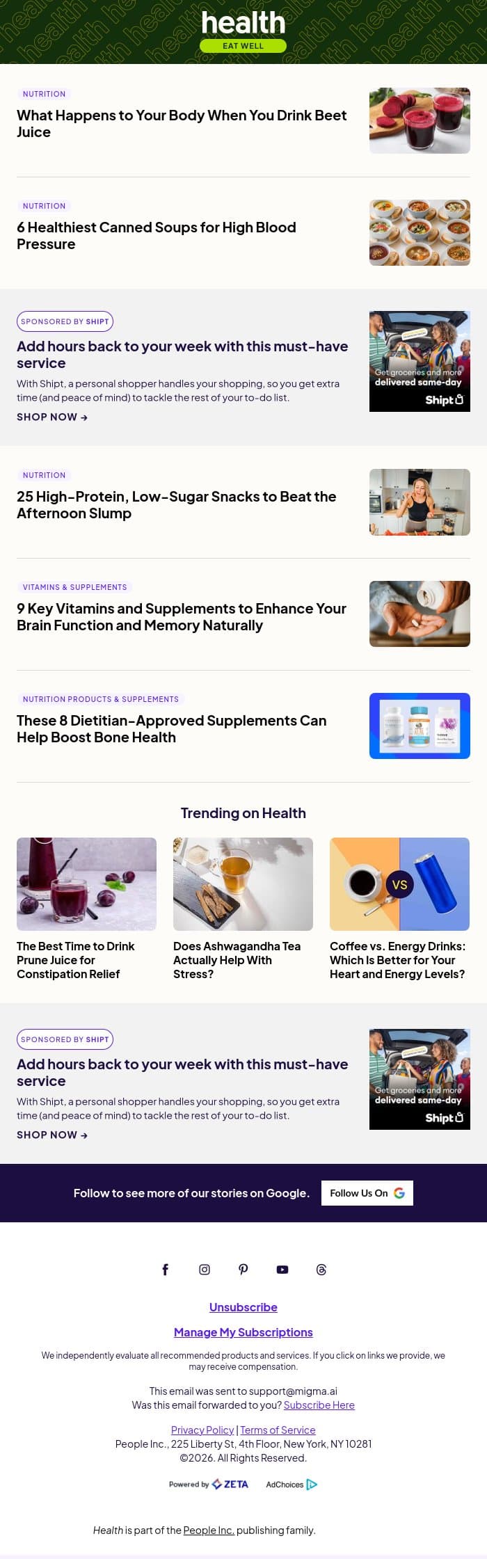 What Happens to Your Body When You Drink Beet Juice email from Shape screenshot