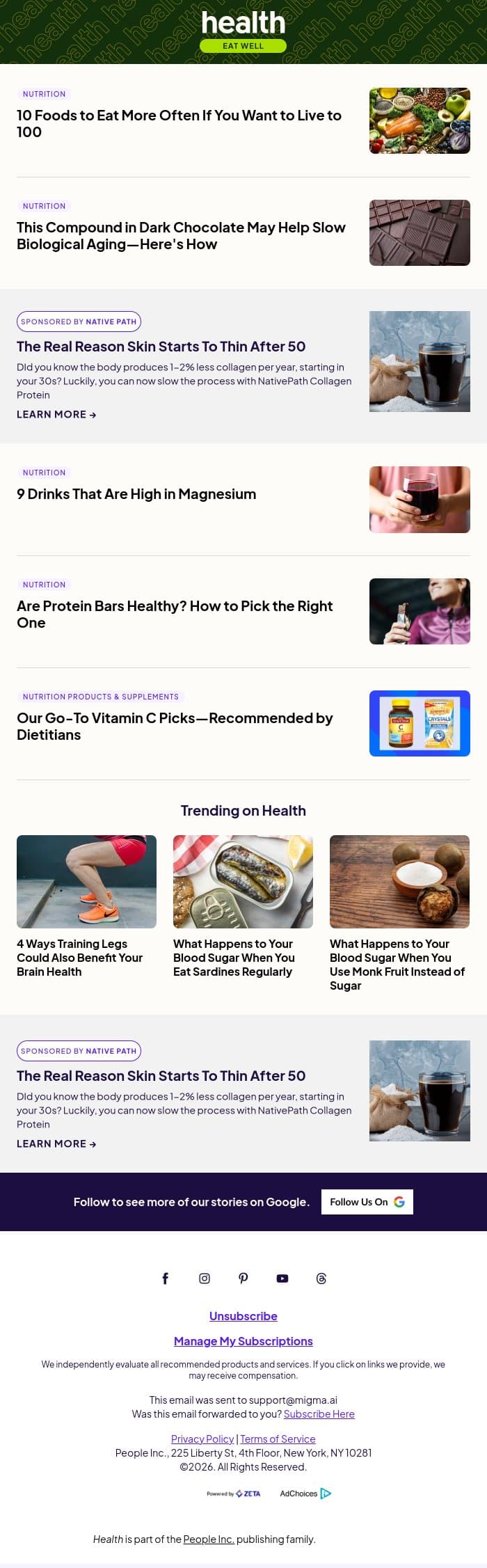 People Who Live to 100 Eat These 10 Foods email from Shape screenshot