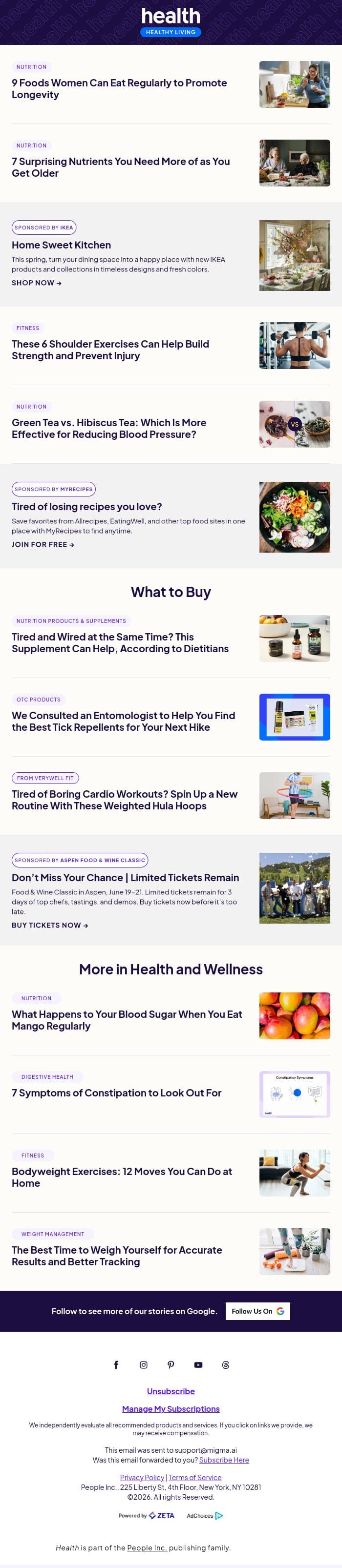 9 Foods Women Should Eat Regularly to Promote Longevity email from Shape screenshot
