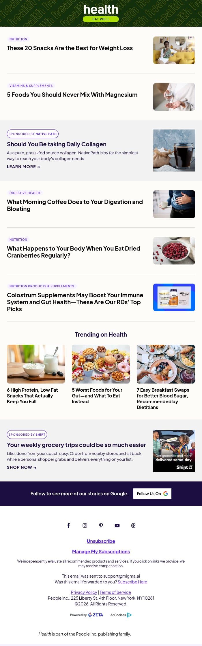 These 20 Snacks Are the Best for Weight Loss email from Shape screenshot