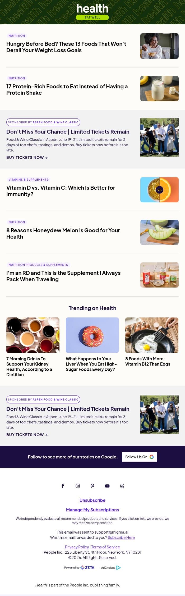 This Is What to Eat at Night When You're Trying to Lose Weight email from Shape screenshot